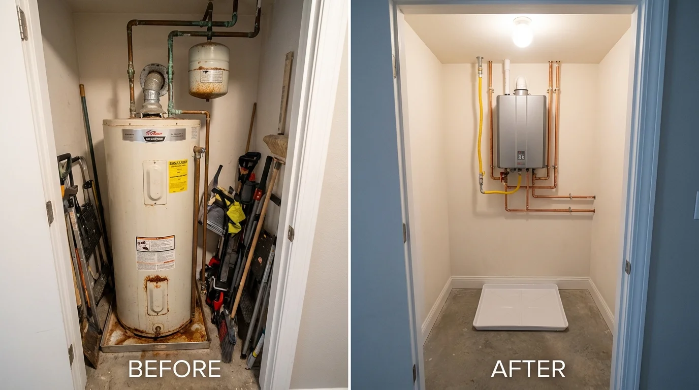 Tank water heater versus wall-mounted tankless unit comparison for Alpine, CA homeowners