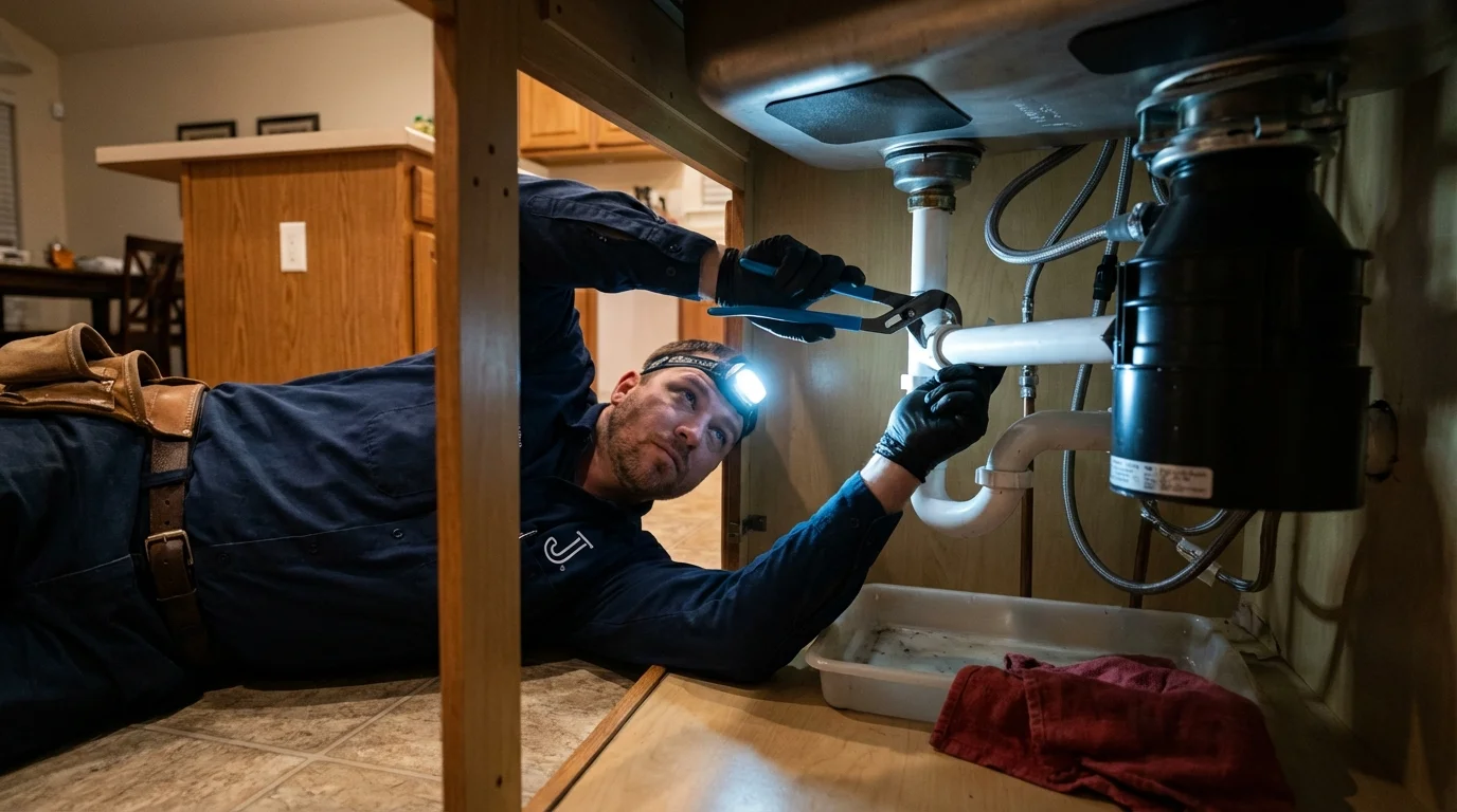 P-trap and supply line connections under a kitchen sink showing a common leak point in Alpine, CA